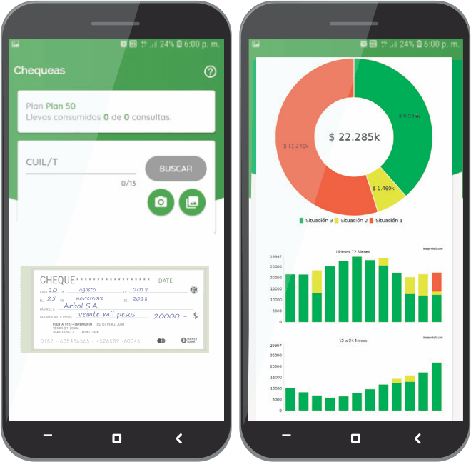 App de Chequeas en celulares mostrando el informe de cheques rechazados y deuda BCRA